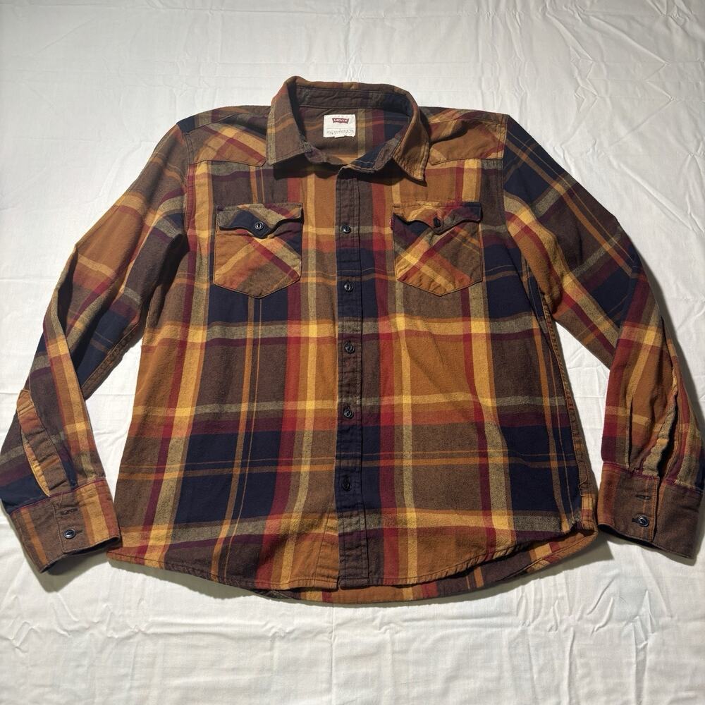 Levi’s Mens Large Plaid Flannel Shirt Brown Orange Burgundy Button Up